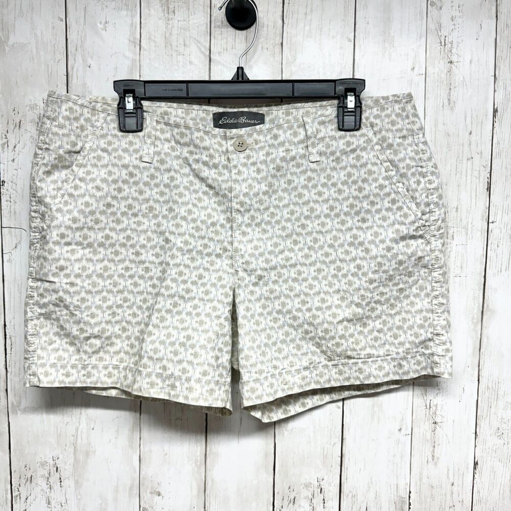 Eddie Bauer Shorts Women Size 12 Chino Mid-Rise 4.5" Inseam Brown Blue Print